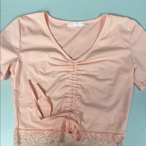 Contrast Lace Drawstring Front Tee